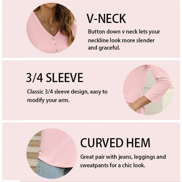 VDJ Women Tops Button V Neck 3/4 Sleeve T Shirt - Picture 3 of 3